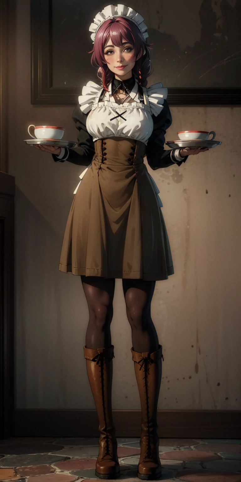 full body standing straight symmetrical, lustful smirking smile face red blush red cheeks, looking at viewer, holding tray, braid, maid headdress, maid, dress, apron, long sleeves, brown pantyhose, long leather militar boots, thighs, long white hair, masterpiece