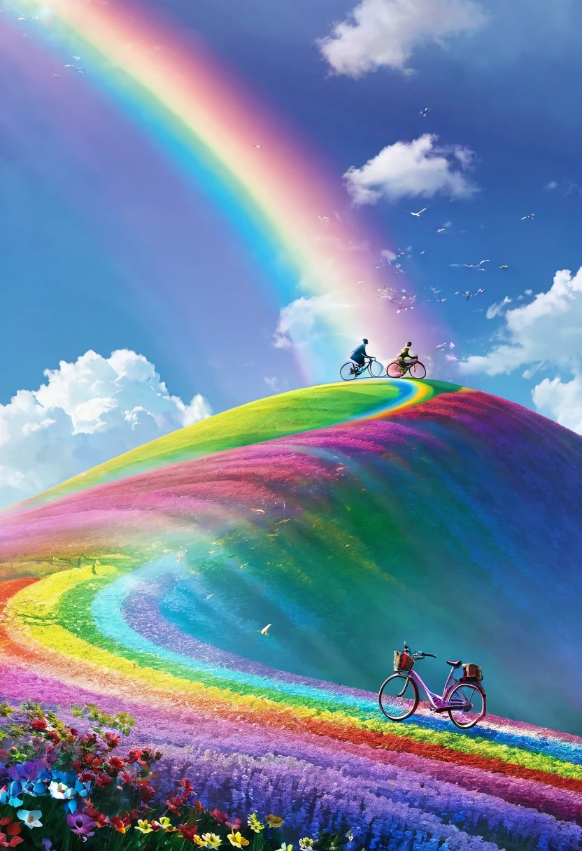 Rainbow colored bicycle、A bicycle running down a rainbow-colored hill,colorful,beautiful flower,wonderful景色,Utopia,An atmosphere full of dreams and hope,masterpiece.16K, Ultra-high resolution, Ultra-high resolution, to be born,wonderful ,future、Iridescent、The world 30 years from now。