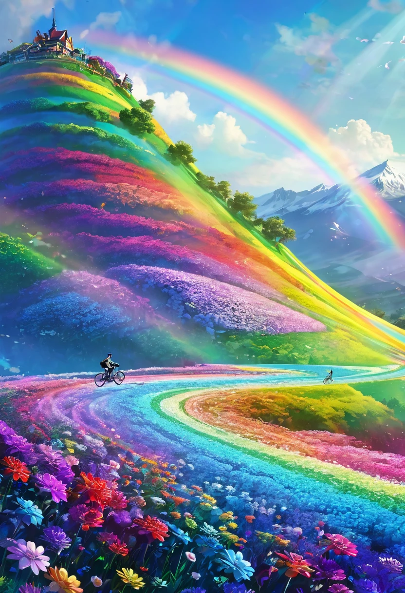 Rainbow colored bicycle、A bicycle running down a rainbow-colored hill，colorful，beautiful flower，wonderful景色，Utopia，An atmosphere full of dreams and hope，masterpiece．16K, Ultra-high resolution, Ultra-high resolution, to be born,wonderful ,future、Iridescent、The world 30 years from now。