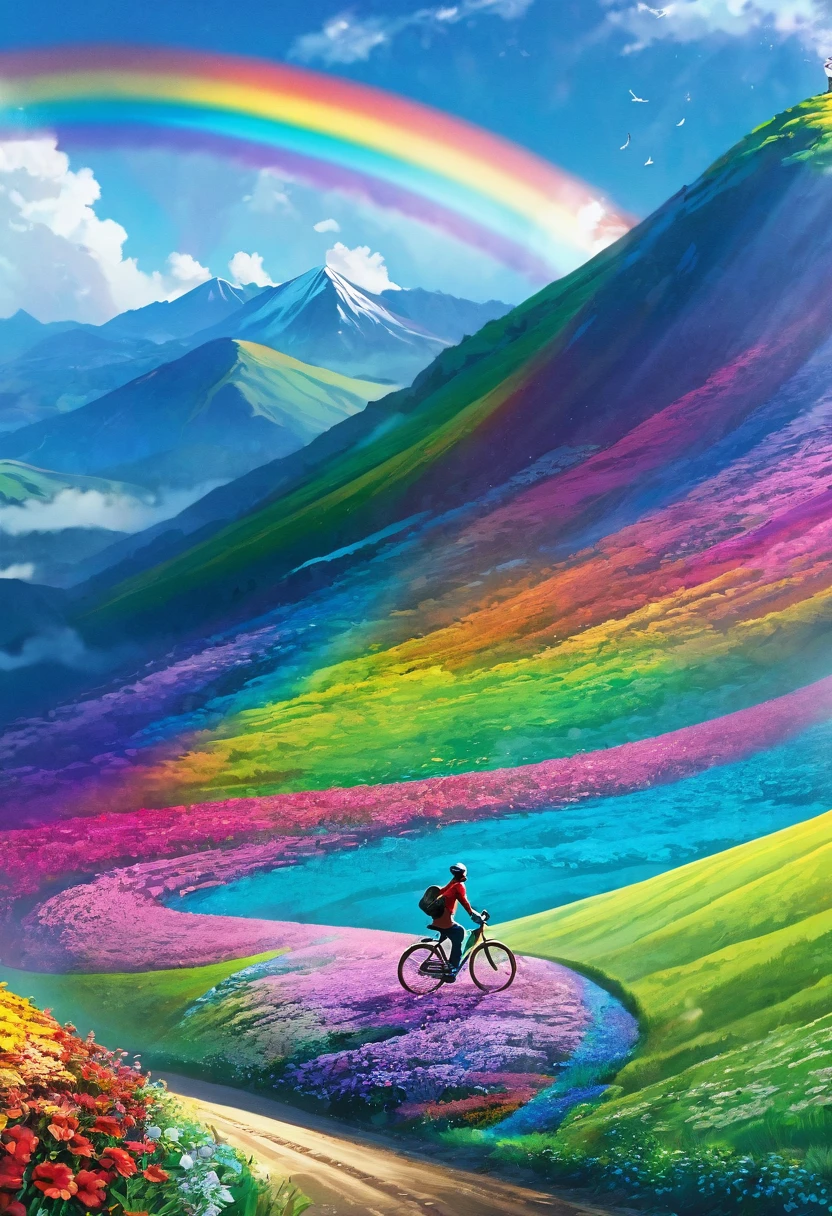 Rainbow colored bicycle、A bicycle running down a rainbow-colored hill,colorful,beautiful flower,wonderful景色,Utopia,An atmosphere full of dreams and hope,masterpiece.16K, Ultra-high resolution, Ultra-high resolution, to be born,wonderful ,future、Iridescent、The world 30 years from now。