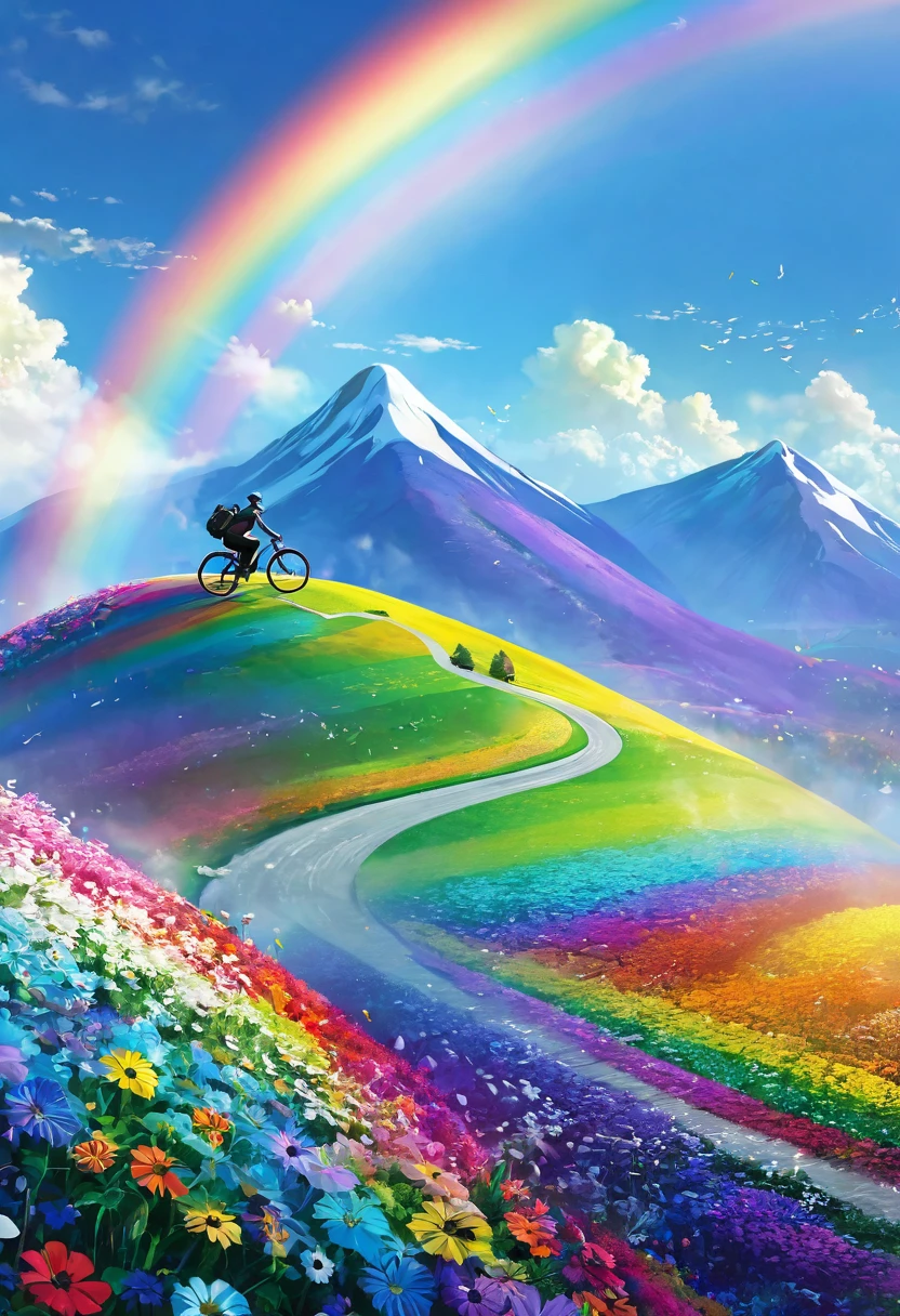 Rainbow colored bicycle、A bicycle running down a rainbow-colored hill,colorful,beautiful flower,wonderful景色,Utopia,An atmosphere full of dreams and hope,masterpiece.16K, Ultra-high resolution, Ultra-high resolution, to be born,wonderful ,future、Iridescent、The world 30 years from now。