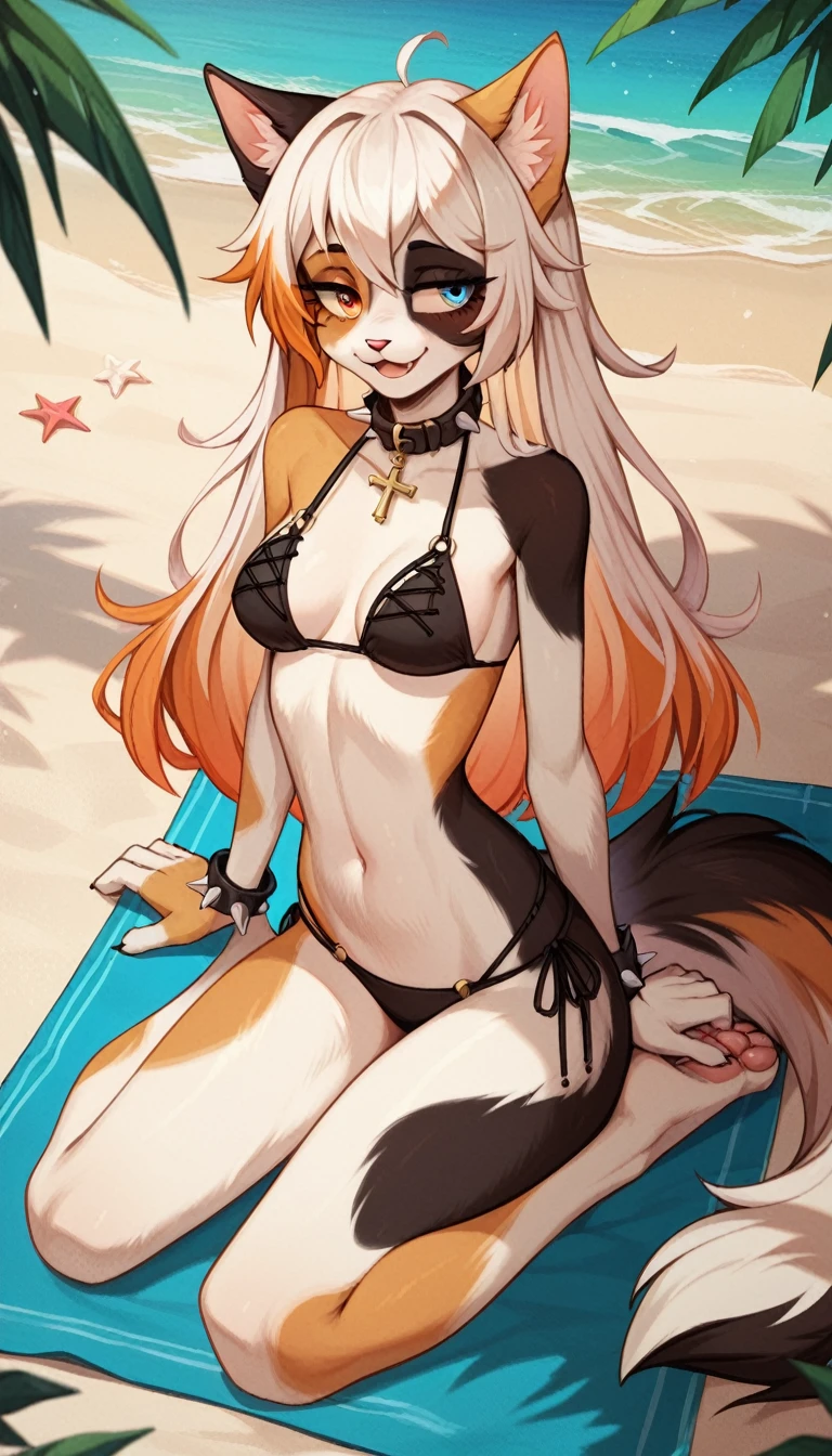 anime - 1 girl - dark skin - best quality - 10k - Hour glass figure - D cup sized breasts - red eyes with tints of yellow - long black hair - beach - seductive pose - silky smooth skin - pedicure with bright colored nail polish - manicure with bright colored nail polish - platform high heel flip flops - she is wearing a visually stunning masterpiece of a bikini that draws everyone person's attention