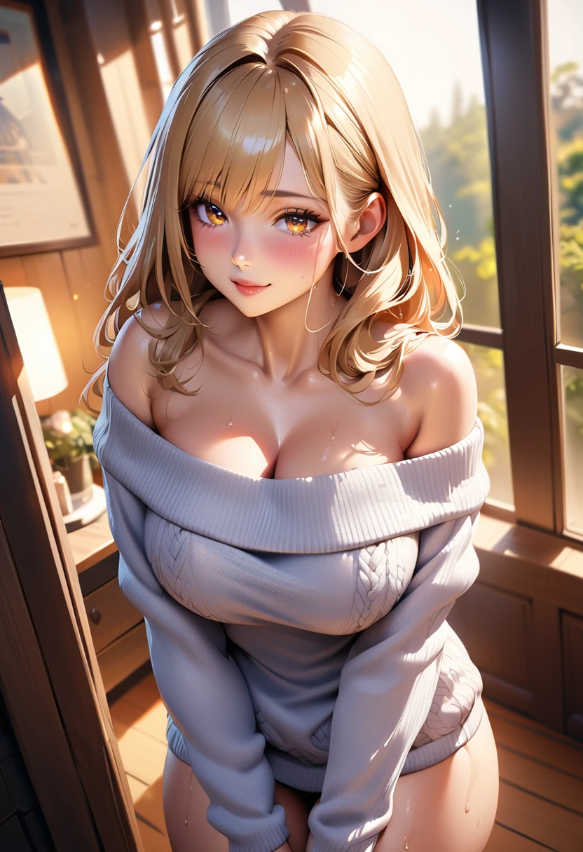 (high quality, High resolution, Fine details), Realistic, Cozy atmosphere, Elegant style woman, (Beautifully detailed off-the-shoulder sweater:1.2), alone, Curvy Women, Blonde, Long Hair, Sparkling eyes, (Detailed eyes:1.2), Smiling Kindly, blush, Glowing Skin, Shallow depth of field, Natural light, Soft Focus, Dreamy atmosphere, Soft and warm texture, Bokeh effect, Big Breasts, Huge cleavage 