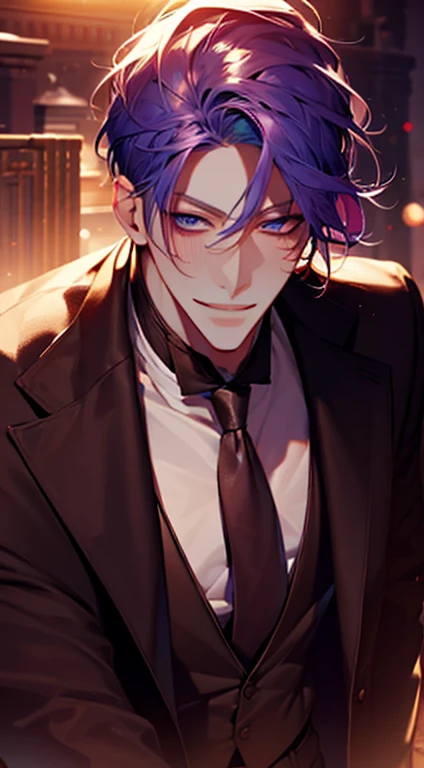 (best quality,4k,8k,highres,masterpiece:1.2),ultra-detailed,(realistic,photorealistic,photo-realistic:1.37),1 man,31 years old,mature man,very handsome,without expression,smile,short purple hair,blue eyes,penetrating gaze,perfect face without errors,imposing posture,businessman,office background,cinematic lighting,hdr image