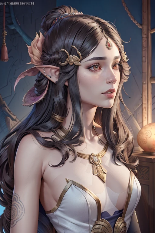 a beautiful ethereal female shénlíng, tall and slender with glowing clear skin, large expressive eyes in vibrant colors reflecting ancient wisdom, long silky hair in deep black to golden brown shades adorned with natural elements, lightweight and translucent lotus-petal-like clothing in colorful traditional patterns, pointed elven-like ears, 1girl, detailed face, extremely detailed eyes and face, longeyelashes, digital art, concept art, cinematic lighting, vibrant colors, fantasy, mystical, magical realism, photorealistic, (best quality,8k,highres,masterpiece:1.2),ultra-detailed,(realistic:1.37)