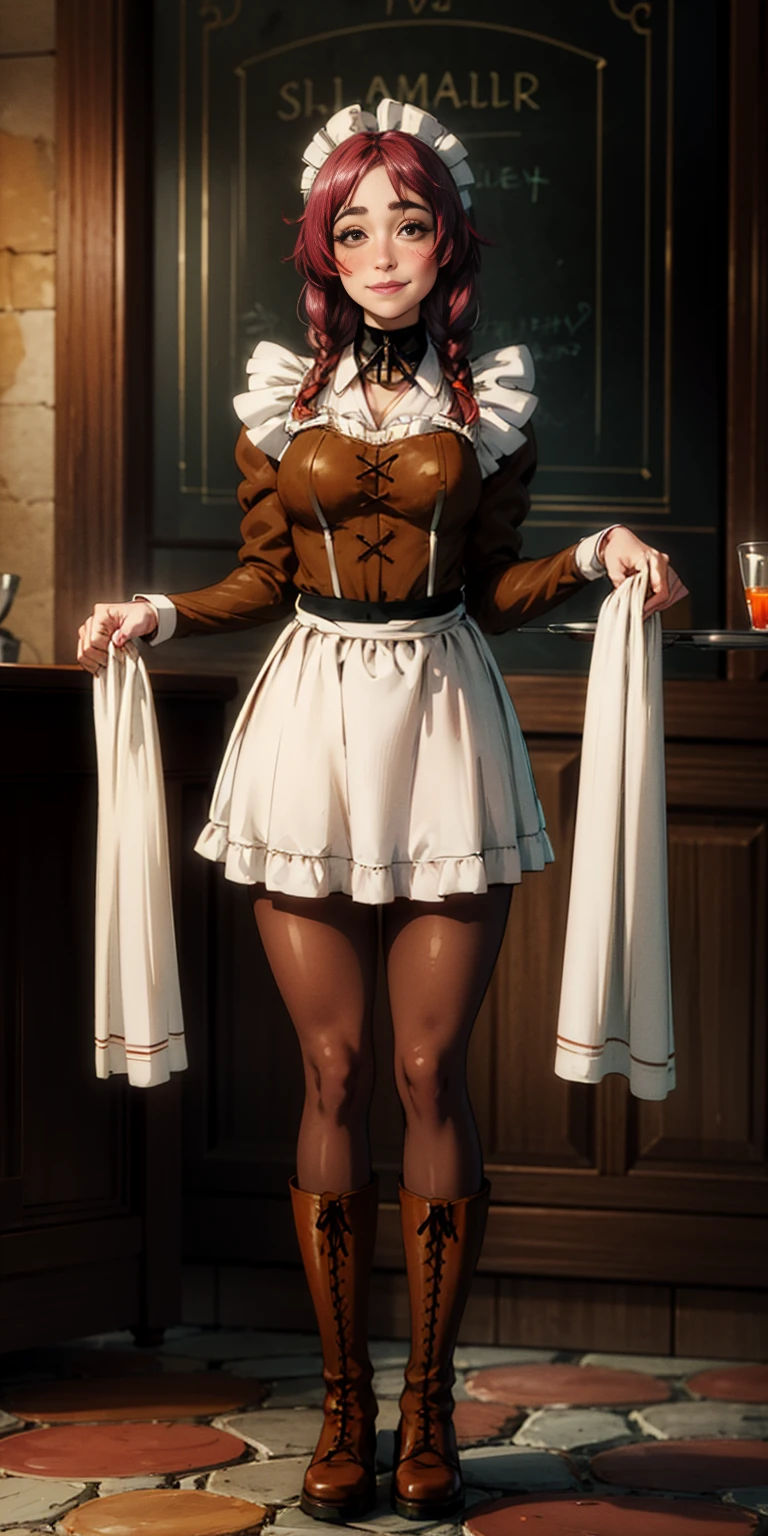 full body standing straight symmetrical, lustful smirking smile face red blush red cheeks, looking at viewer, holding tray, braid, maid headdress, maid, dress, apron, long sleeves, brown pantyhose, long leather militar boots, thighs, long white hair, masterpiece