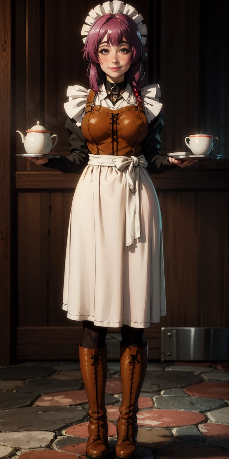 full body standing straight symmetrical, lustful smirking smile face red blush red cheeks, looking at viewer, holding tray, braid, maid headdress, maid, dress, apron, long sleeves, brown pantyhose, long leather militar boots, thighs, long white hair, masterpiece