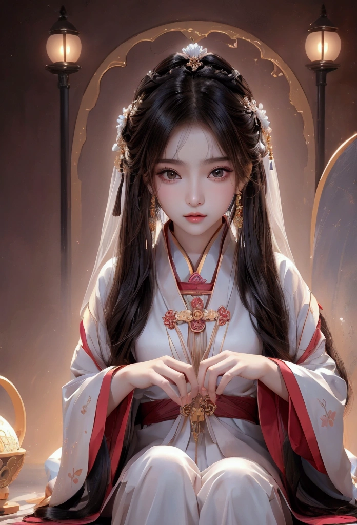 Best image quality、8K、masterpiece:1.3))、Realistic high-quality photos、Highest quality、 Beautiful face、Photos of slim models、Beautiful girl model、Young and pretty face、Beautiful model girl、A lovely and delicate face、Black Hair、Beautiful brown eyes、Young Body、Hanfu, (emphasize)、from the front、Camera gaze,、Anatomically correct、胸の谷間をemphasize、whole body、13-year-old female model