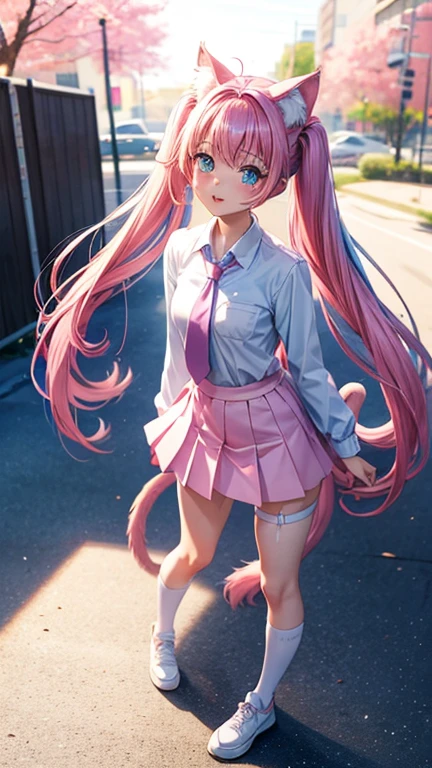Full body female anime character is standing , vtuber model, character model, no backround, white background, girl with blue eyes, cute anime girl with pink hair and white shirt and purple tie and tight short white skirt, , holo is a cat girl, very beautiful anime cat girl, anime catgirl, cute anime catgirl, white cat girl, holo if a wolf girl, pink twintail hair and cyan eyes, beautiful anime catgirl, nekomimi, nyaruko-san, (anime girl)