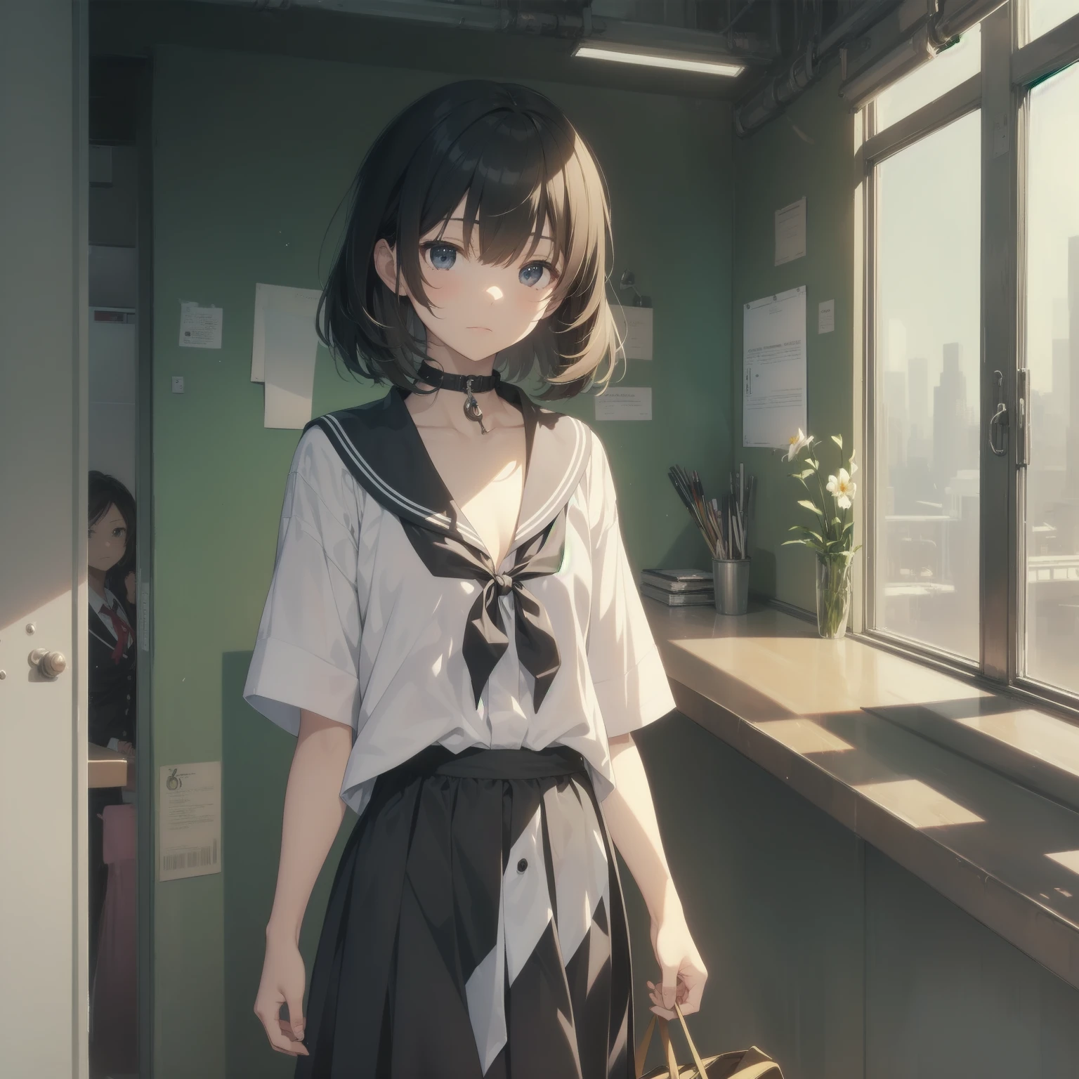 ultra-absurdres-Top quality by artist God, ultra-detailed, high resolution, anime moe artstyle, best anime 8k konachan wallpaper, pixiv contest winner, pool:2810, perfect anatomy,break, 1girl, (Please draw a girl walking sleepily to school alone. )break,(Solo,little female, 13-year-old:1.3),Full limbs, complete fingers,a junior high school student, (very short hair), short cut, flat chest, , small butt, small black eyes, beautiful detailed eyes, well-proportioned iris and pupils, expressive eyes, highres detailed hair, soft expression, salor school_uniform, sailor collar, serahuku, bow, pleated skirt,(Detailed Lighting), (Detailed background), in the School commute route. break,super detailed skin, Best cinematic lighting powered by famous artist, 8k,beauty illustration,photoshop_(medium),very aesthetic,break,((artist:tomose_shunsaku )), artist:clamp ,artist:carnelian ,artist:kantoku ,