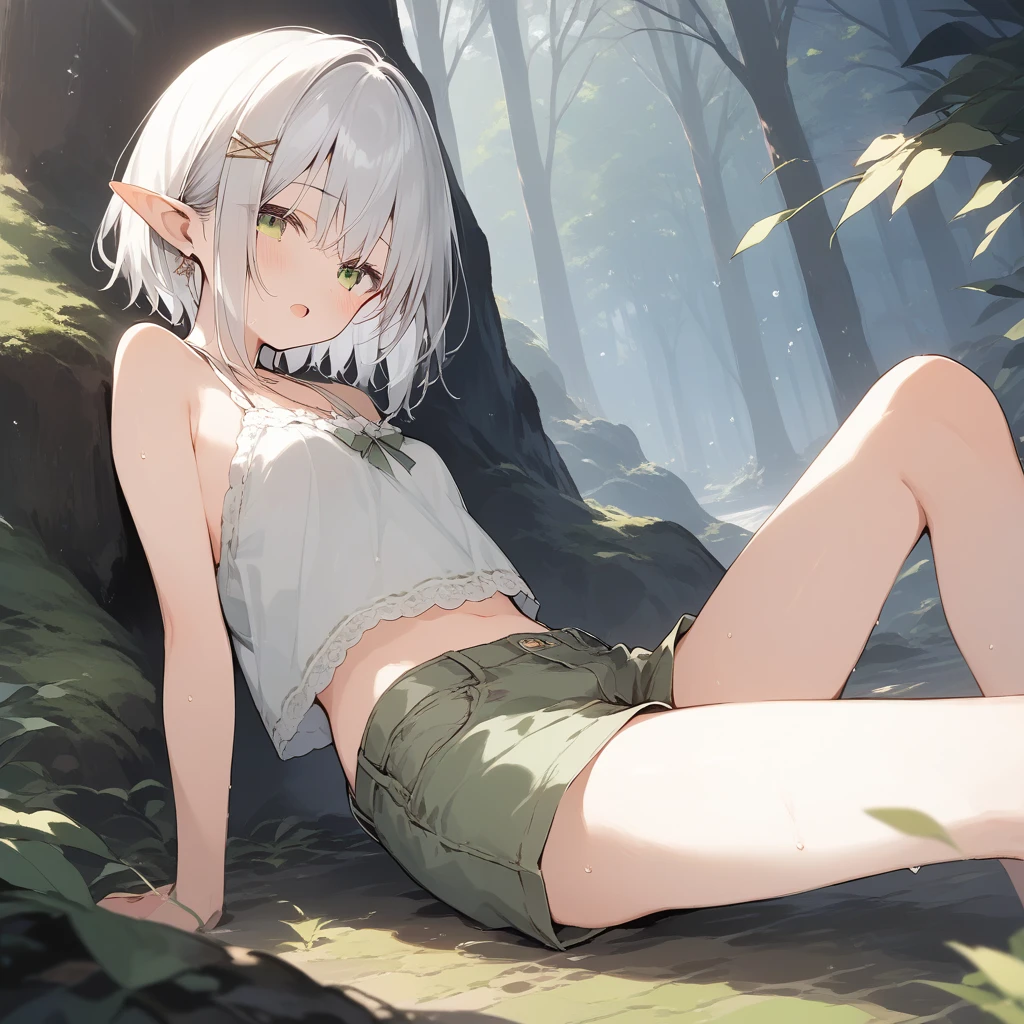 score_9, score_8_up, score_7_up, source_anime, best quality, masterpiece, official art, absurdres, highres, ultra-detailed,waifu2x,Collection: Slice of Life,break,1girl, elf, cool, short hair, slender, androgynous, small breasts, beautiful detailed eyes, green shorts, sweat, open mouth, sleepily, outdoors, forest, spring,break,(clear line illustration:1.2), super detailed skin,very high resolution, very aesthetic, Best sexual lighting powered by famous artist, 8k,cute picture,beauty illustration,photoshop_(medium),,(Detailed Lighting),best anime 8k konachan wallpaper, pixiv contest winner, 