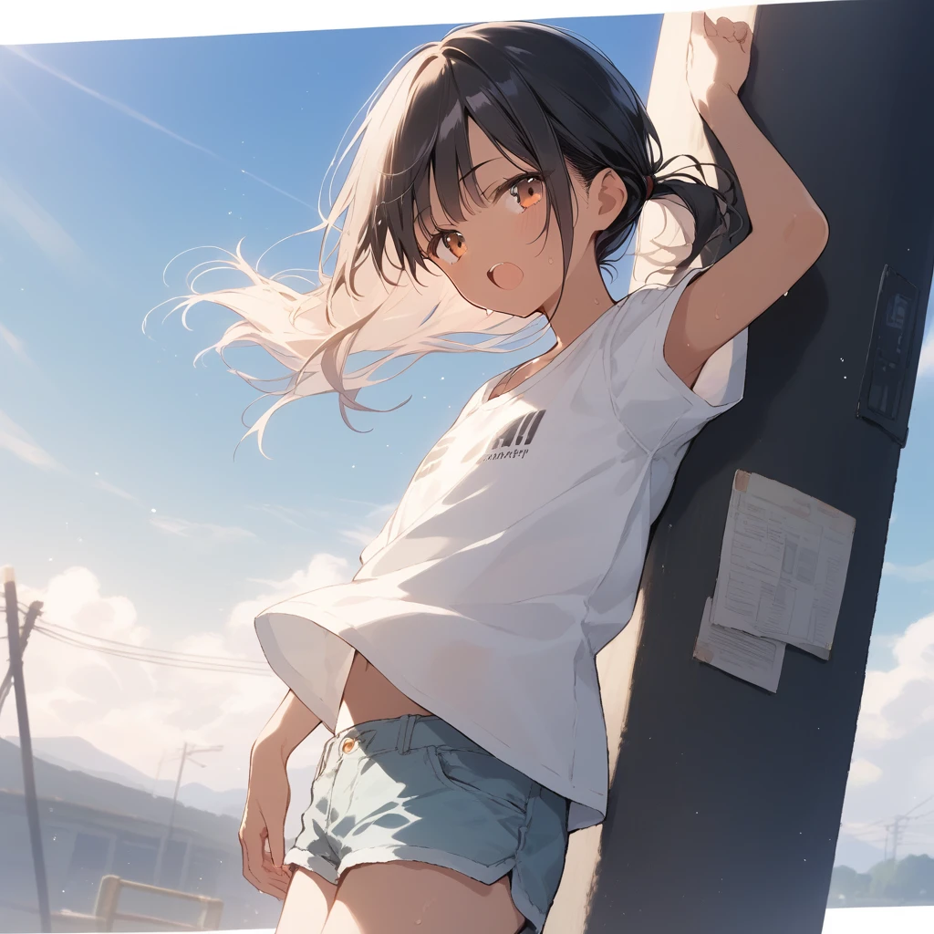score_9, score_8_up, score_7_up, source_anime, best quality, masterpiece, official art, absurdres, highres, ultra-detailed,waifu2x,Collection: Slice of Life,break,1girl, tomboy, dark-skinned female, short hair, low ponytail, flat chest, beautiful detailed eyes, short shorts, sweat, open mouth, (yawn:0.3), sleepily, outdoors, wind,break,(clear line illustration:1.2), super detailed skin,very high resolution, very aesthetic, Best sexual lighting powered by famous artist, 8k,cute picture,beauty illustration,photoshop_(medium),,(Detailed Lighting),best anime 8k konachan wallpaper, pixiv contest winner,