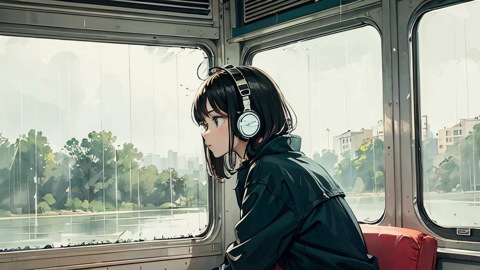Bob Girl, Wearing headphones, In the bus, Staring out the window, It rains