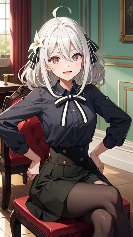 {{{masterpiece}}}, {{{best quality}}}, {{ultra-detailed}}, {illustration}, {{an extremely delicate and beautiful}}, 8k, nsfw, Lily(SPY ROOM), lily_olis, perfect face, thighs, breasts, white hair, hair between eyes, hair ribbon, red eyes, (black shirt:1.3), high-waist skirt, skirt, black skirt, manga larga, bowtie, black ribbon, neck ribbon, striped bow, black and white bow, pantyhose, BREAK, smug face, smile, open mouth, hands on hips, rococo style dining chair, sit on a chair, cross your legs, indoor, castle