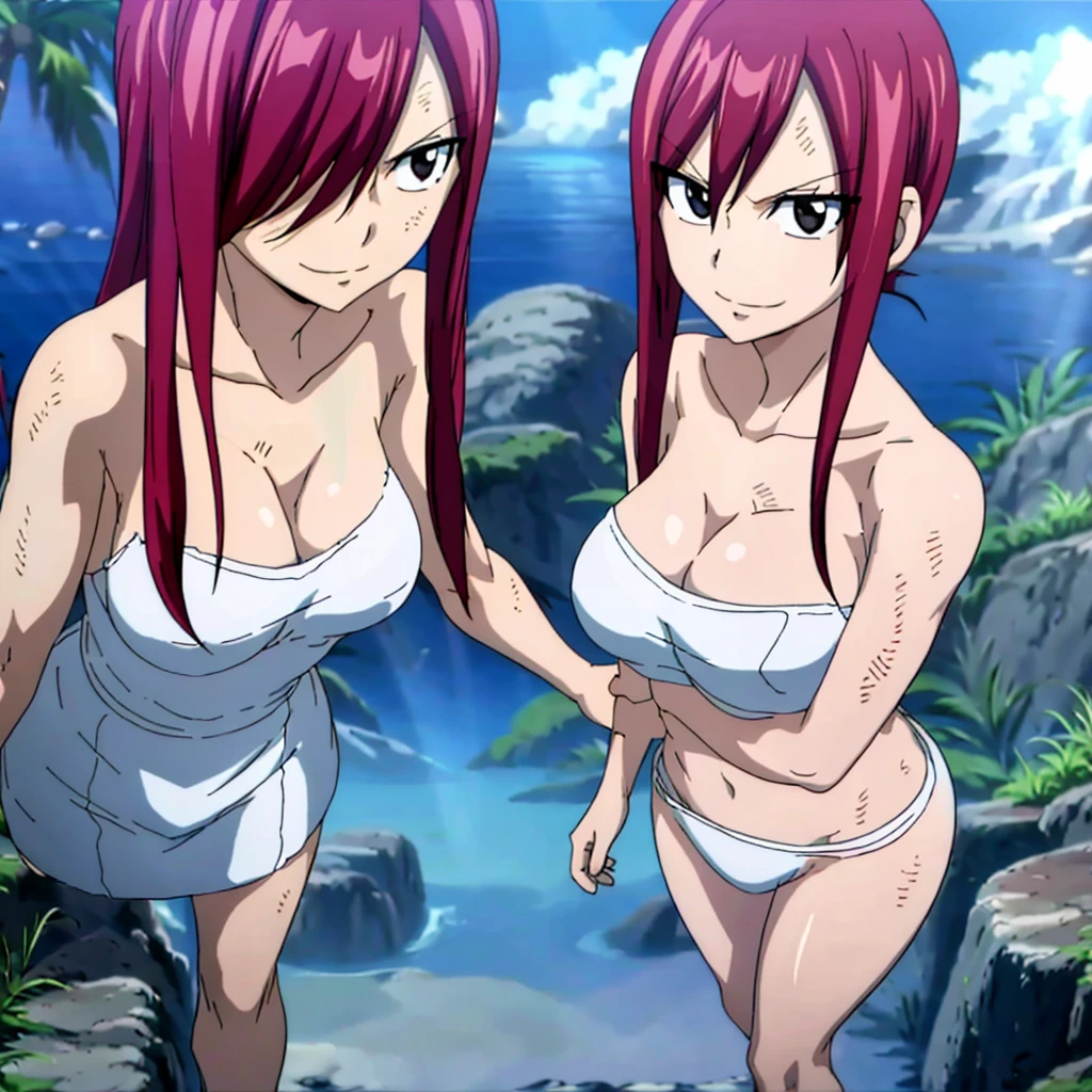 masterpiece, anime style, beach, best quality, highres, fairy tail, 2 girls, big breasts, collarbone, midriff, sarashi wrap, standing, insane smile,mature woman, tall, short hair, pail skin, full body view, perfect body