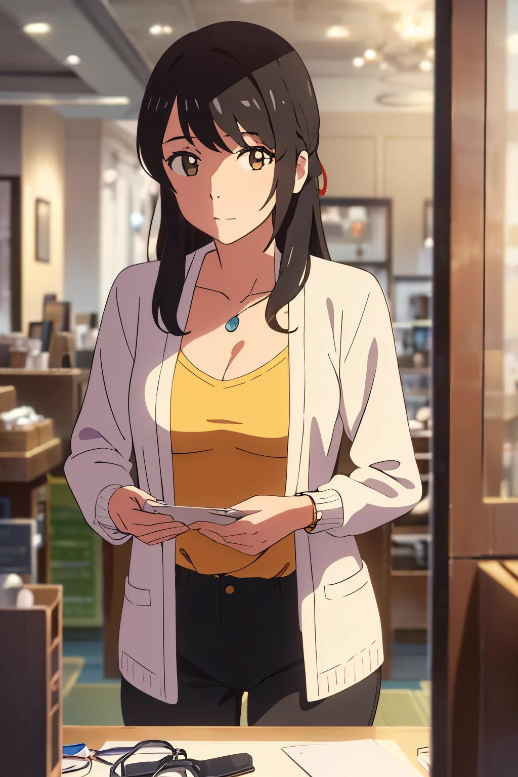 shinkai makoto, kimi no na wa., 1girl, bangs, black hair, brown eyes, Twisted Half Up, red ribbon, long hair, long sleeve light yellow cardigan, open shirt, yellow shirt, cleavage, breast, medium breast, Orange shirt, name tag written "LUMINE Miyamizu", looking at the viewer, indoors, jewelry products, jewelry shop, jewelry saleswoman, indoors, mall, masterpiece, perfect anatomy, cowboyshot, POV (POV boy's hands unbuttoning girl's shirt POV)