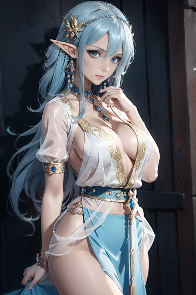 (Masterpiece, best quality, official art, 8K, high resolution), HD image, ultra-detailed, a cartoon image of a Sky Blue Skinned female Djinn with blue hair and blue eyes, a chain around her neck, Human Hybrid Djinn, (((((Her sky blue skin))))), skin genie girl sky blue, alone, Krenz Cushart and Artgerm, aesthetics!!!!!!, female genius, she is huge, beautiful girl genius, a celestial appearance, eyes are large and expressive, ((deep blue eyes)), exotic eyes, detailed eyes, ((long blue hair)), wavy and flowing, wears an exotic outfit, (((She wears a white top adorned with sparkling jewels, her skirt is long and flowing, made of lightweight silk, with layers that move gracefully with each step))), the skirt is decorated with intricate embroidery in silver and gold, waist sash decorated with precious stones, artgerm style, Water Elemental Woman, Goddess Inanna, The Greek goddess Afrotita, aesthetic!!!!!!, (1 Female Genie Djinn), (Big Breasts), Beautiful Genie, Evil Goddess, Djinn Character, ideal body proportion, ((Detailed Body)), mega detailed sensual body, perfect goddess body, Cuffs with Hanging Chains, Colorful Concept Art, Spiritual Fantasy Concept Art, Genius character who is a female Djinn with sky blue skin, blue hair and blue eyes, elf ears, wearing a white top and wearing a long white skirt as well, (Sky Blue Skinned Elf-Djinn).