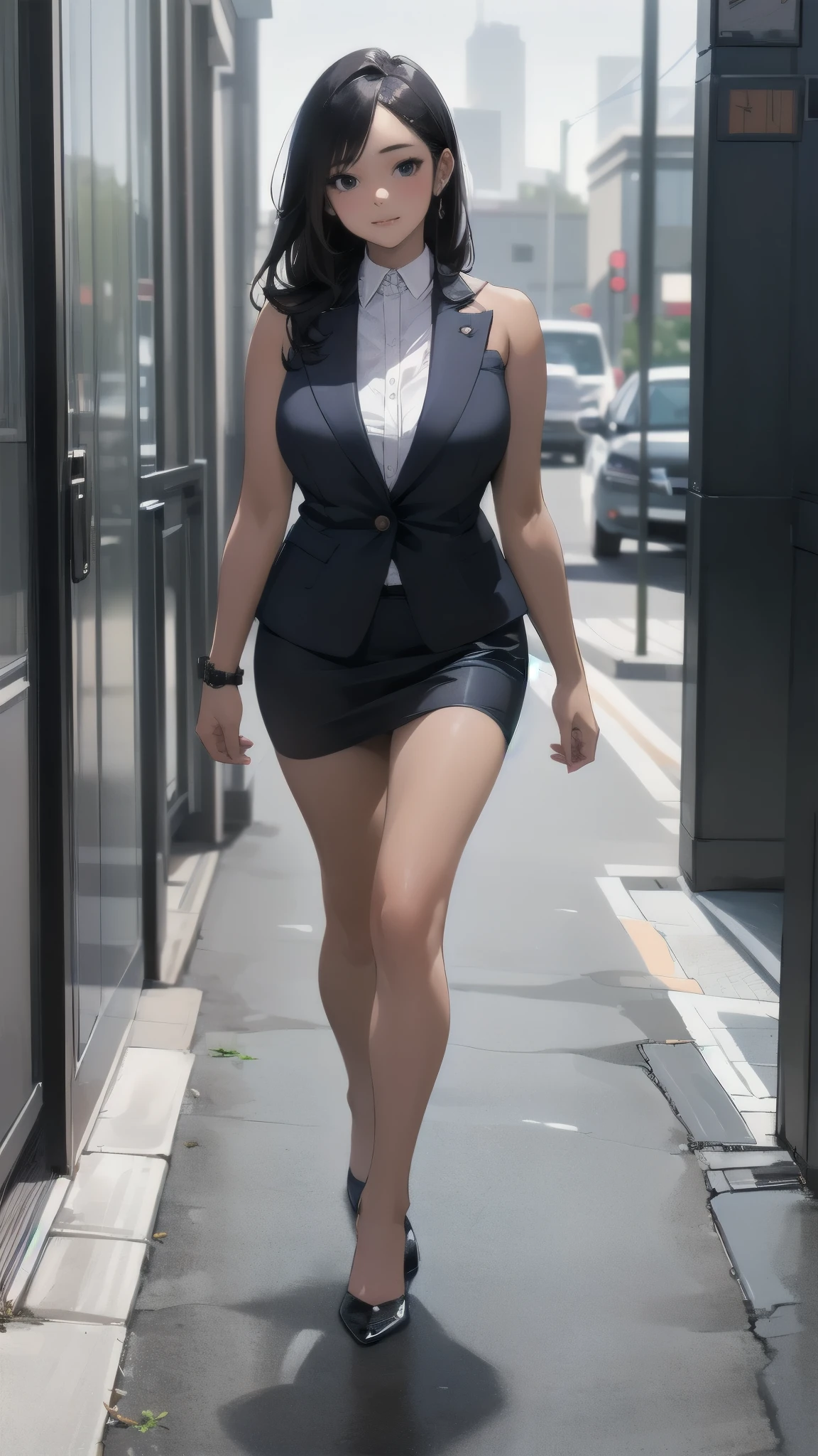1 girl, looking directly at viewer, business attire, tan skin, top showing skin, elegant business attire, highly detailed, bare shoulders, natural lighting, full body view walking towards viewer