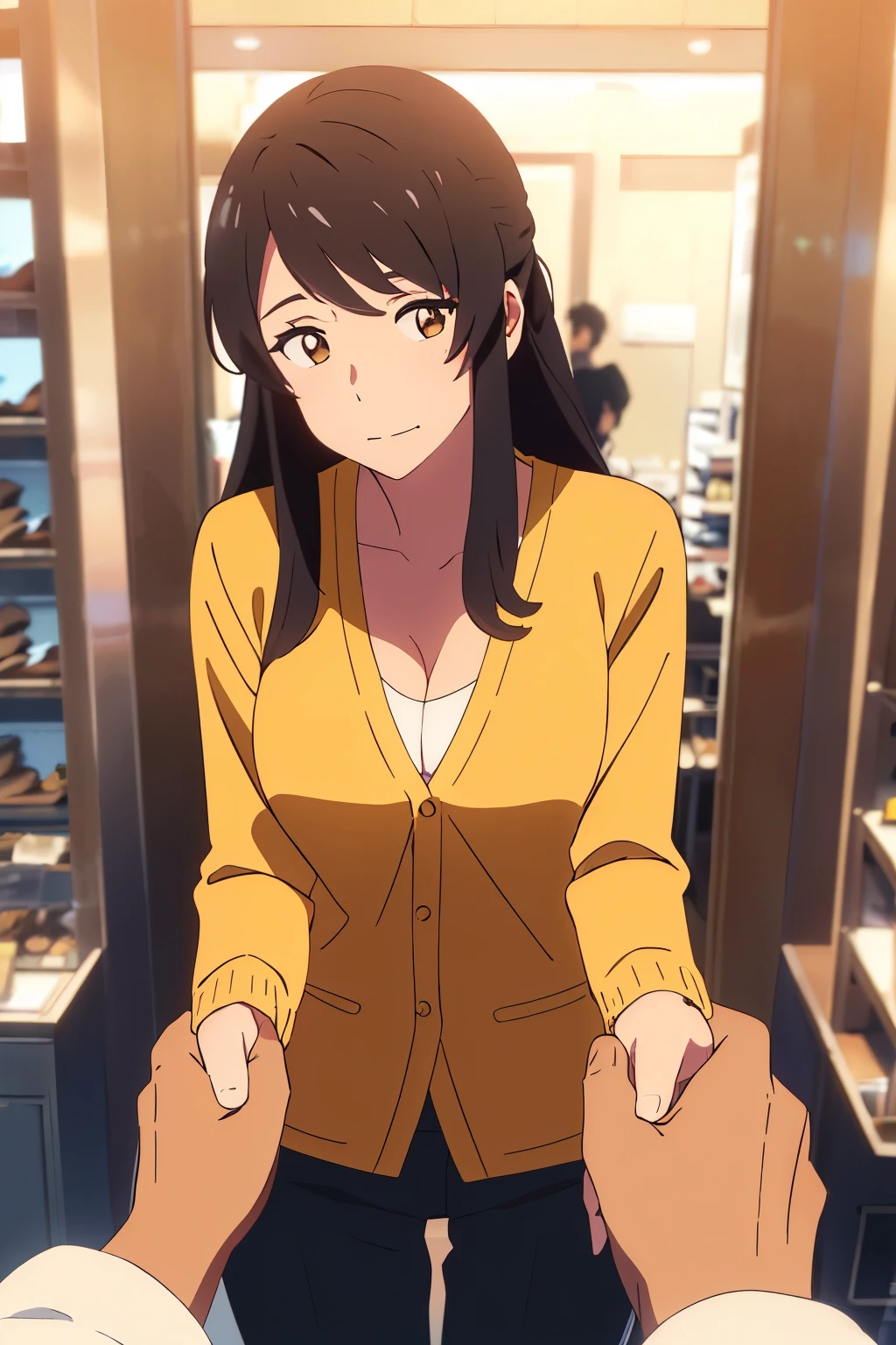 shinkai makoto, kimi no na wa., 1man, buzzut, mustache, wrinkle face,  bangs swipe to te Right, office suit, man touching girl chest,chestgrope from behind, kiss cheeks, passionate hug, man is hugging from behind, 1girl, bangs, black hair, brown eyes, Twisted Half Up, red ribbon, long hair, long sleeve light yellow cardigan, open shirt, yellow shirt, cleavage, breast, medium breast, Orange shirt, name tag written "LUMINE Miyamizu", looking at the viewer, indoors, jewelry products, jewelry shop, jewelry saleswoman, indoors, mall, masterpiece, perfect anatomy, cowboyshot, POV (POV boy's hands unbuttoning girl's shirt POV)