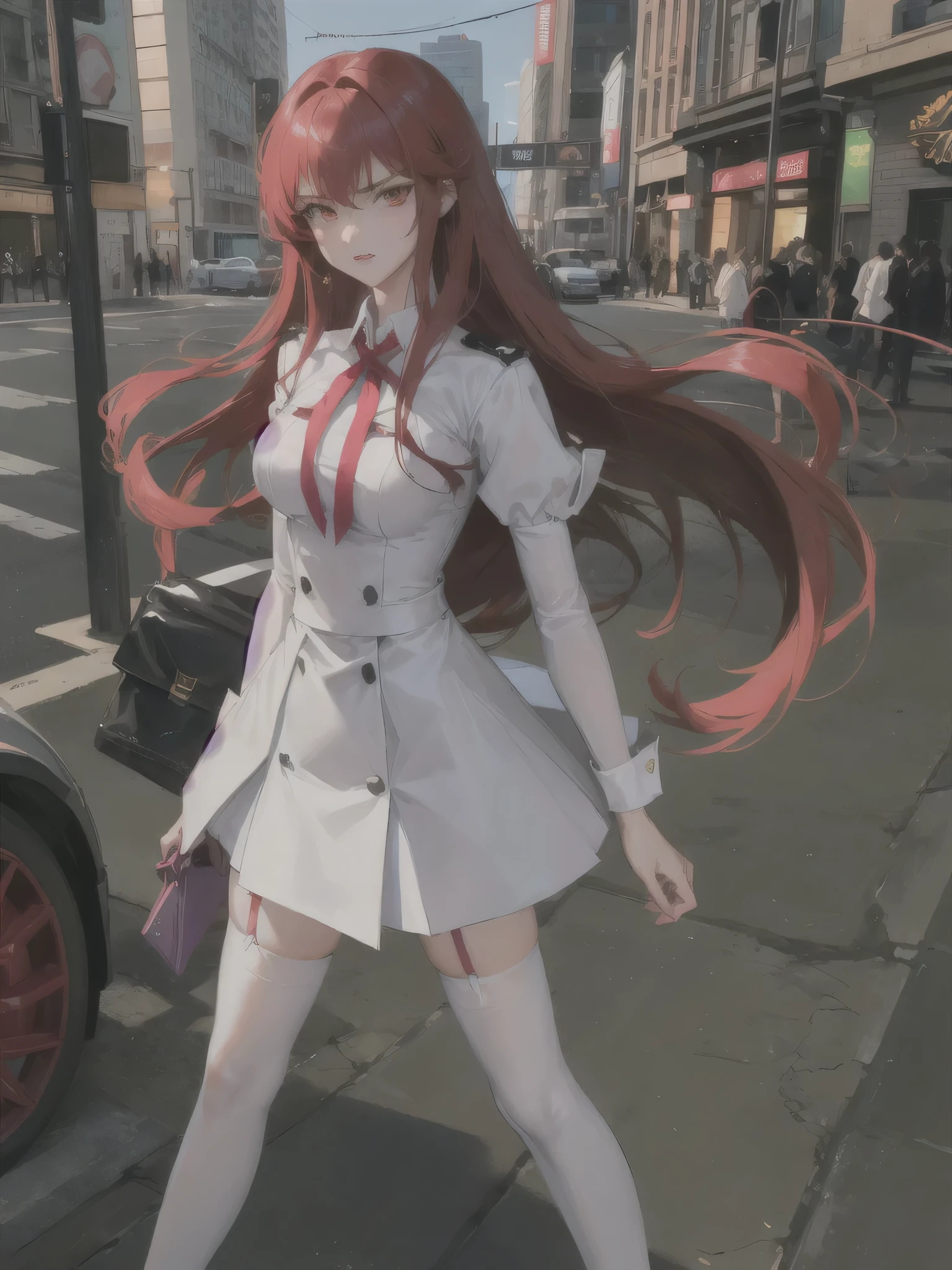 A handsome girl with a princess cut, bright red hair, a white shirt, and a proud chest covered tightly. Leg rings, black stockings, and high heels are all in the picture. Standing on the brightly lit street, pedestrians come and go, and some angry expressions on their hands. Night, night background, night