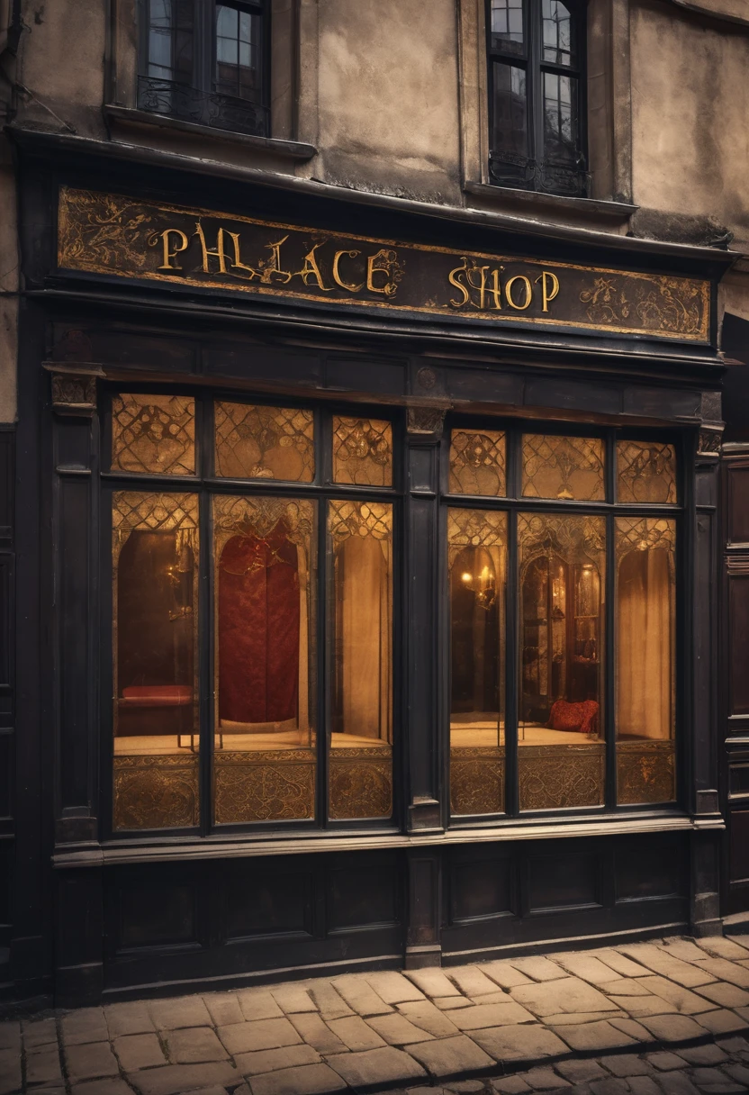 A poster cover,Medieval retro style,Palace Dress Shop Theme,Window,Dark background,Retro shabby atmosphere,Warm tones