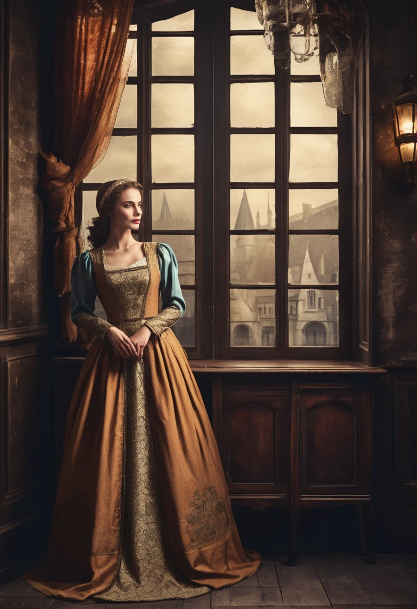 A poster cover,Medieval retro style,Palace Dress Shop Theme,Window,Dark background,Retro shabby atmosphere,Warm tones