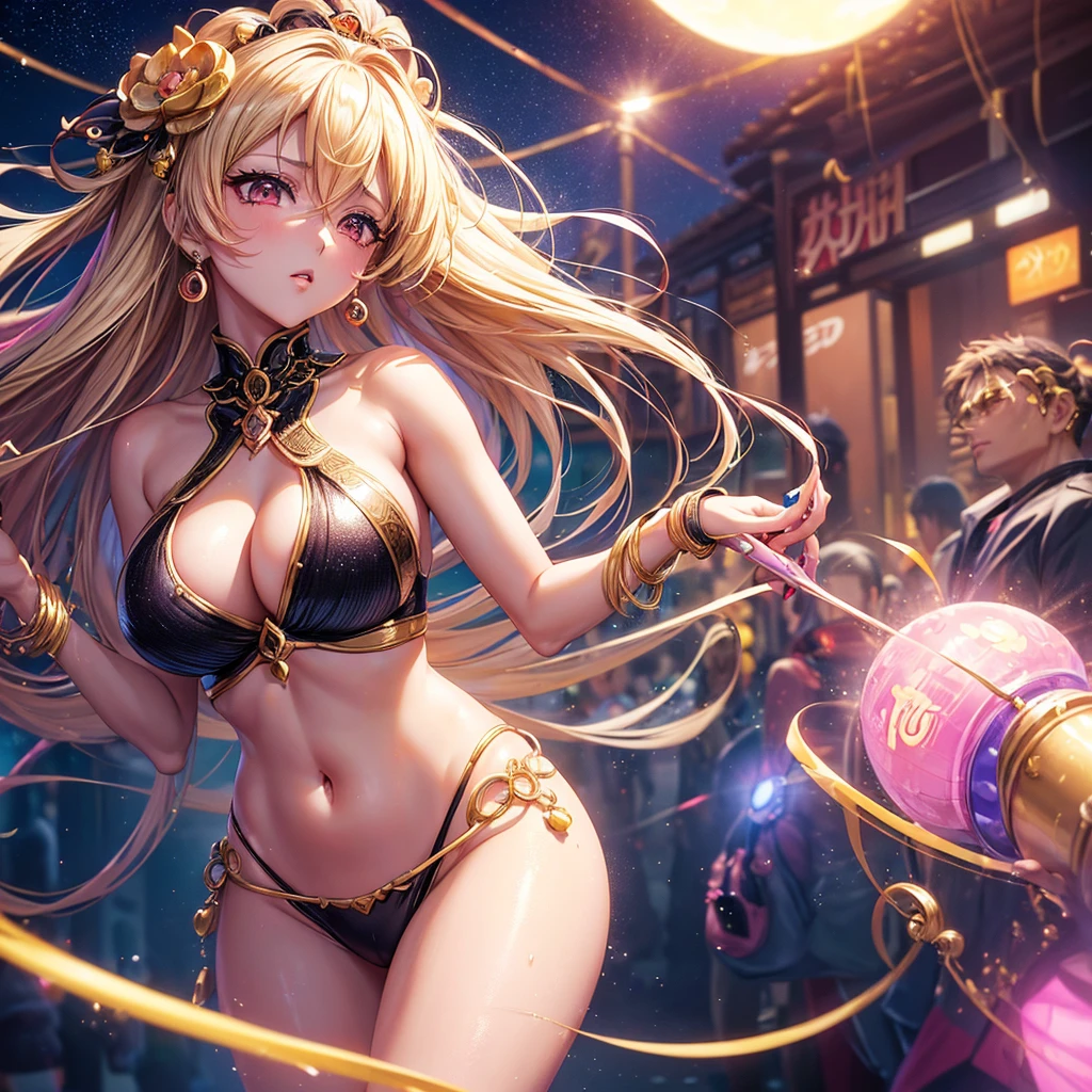 A beautiful woman in gyaru makeup wearing  on the bustling streets of Gintama, surrounded by vendors, beautiful portrait of a stunning goddess girl, beautiful detailed face, porcelain skin, half body shot, centered,(black hai,navel:1.2),((moonlight,night,big neons,strong neon lighting,rim lighting,two tone lighting))), back turned 