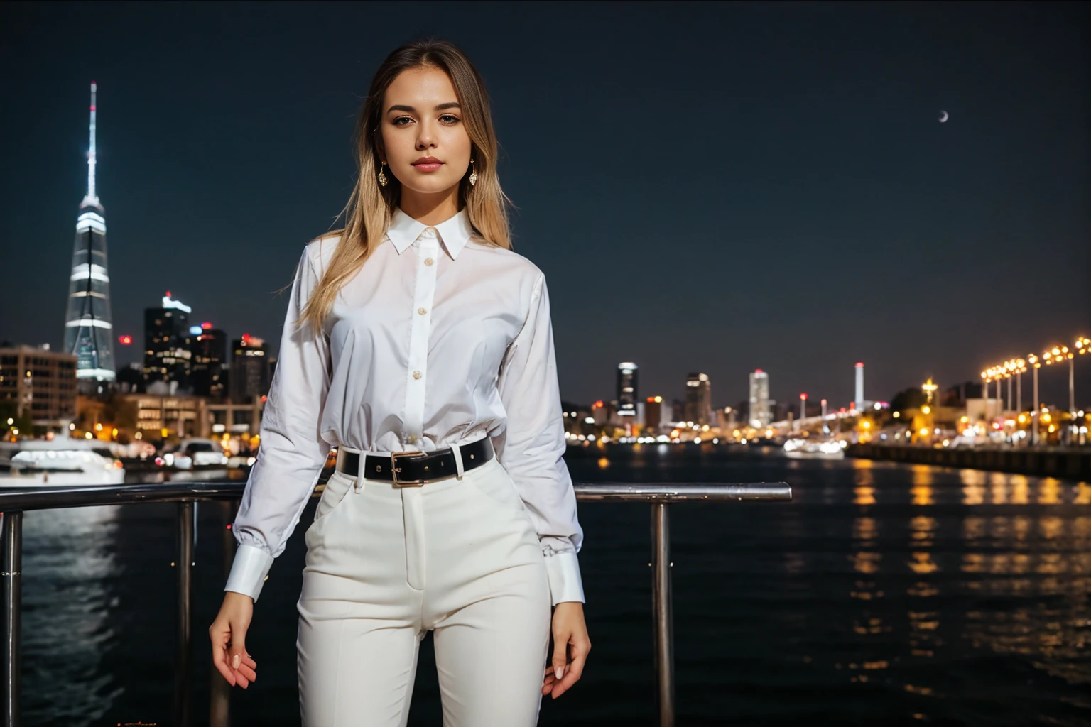 beautiful photograph of a smart looking 1girl, solo, wearing a crisp, white collared shirt, fine fabric emphasis, perfectly defined button detailing, black high-waisted pants with a belt, diamond stud earrings, long sleek blonde hair, brown eyes, freckles, warm and sensual smile, slender figure, standing against a city skyline at midnight, cowboy shot, full body shot, photographed on a Fujifilm XT3, 80mm F/1.7 prime lens, cinematic film still, cinestill 500T, highly detailed, masterpiece, highest quality, intricately detailed, HDR, 8k, uhd, photorealistic