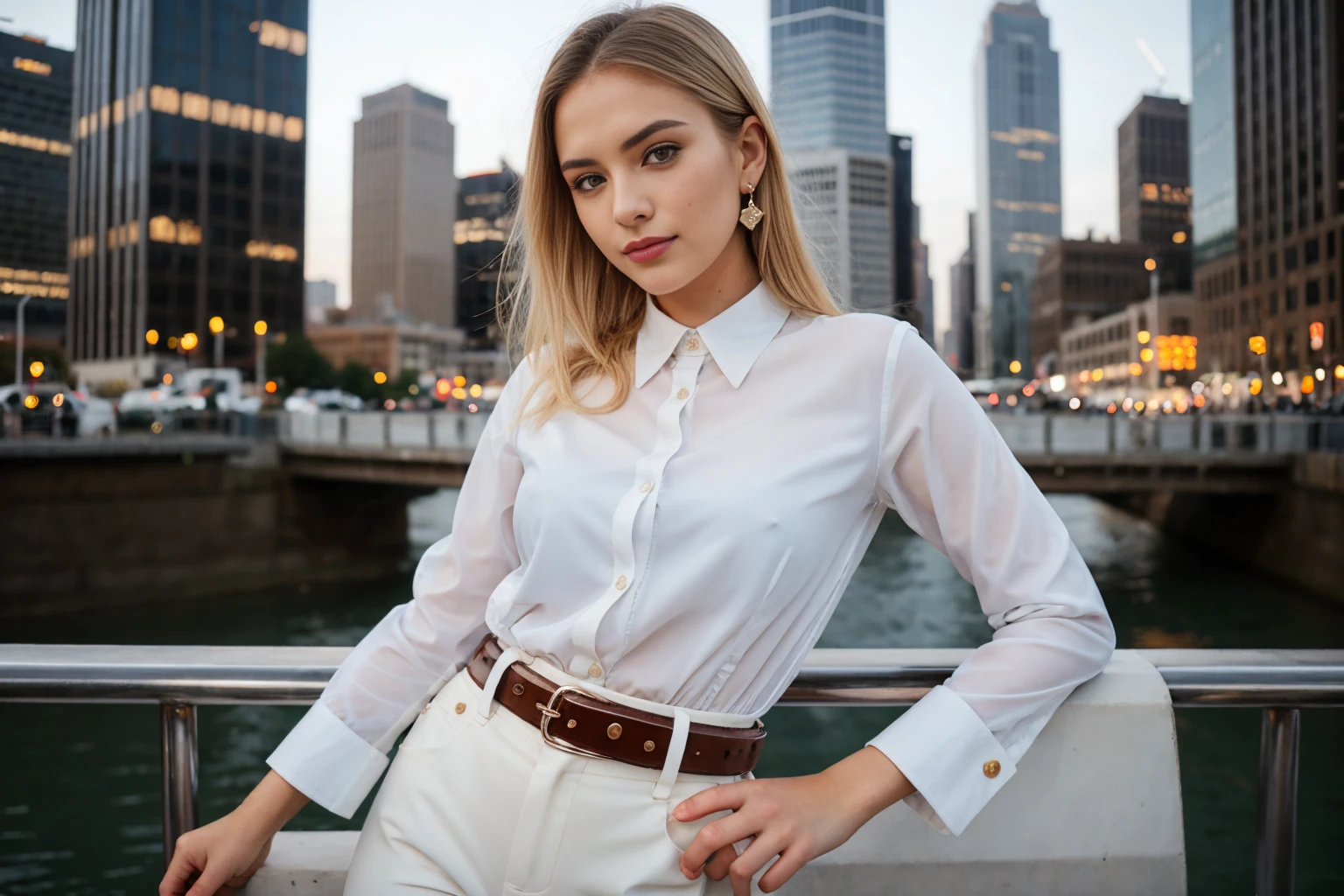 beautiful photograph of a smart looking 1girl, solo, wearing a crisp, white collared shirt, fine fabric emphasis, perfectly defined button detailing, black high-waisted pants with a belt, diamond stud earrings, long sleek blonde hair, brown eyes, freckles, warm and sensual smile, slender figure, standing against a city skyline at midnight, cowboy shot, full body shot, photographed on a Fujifilm XT3, 80mm F/1.7 prime lens, cinematic film still, cinestill 500T, highly detailed, masterpiece, highest quality, intricately detailed, HDR, 8k, uhd, photorealistic