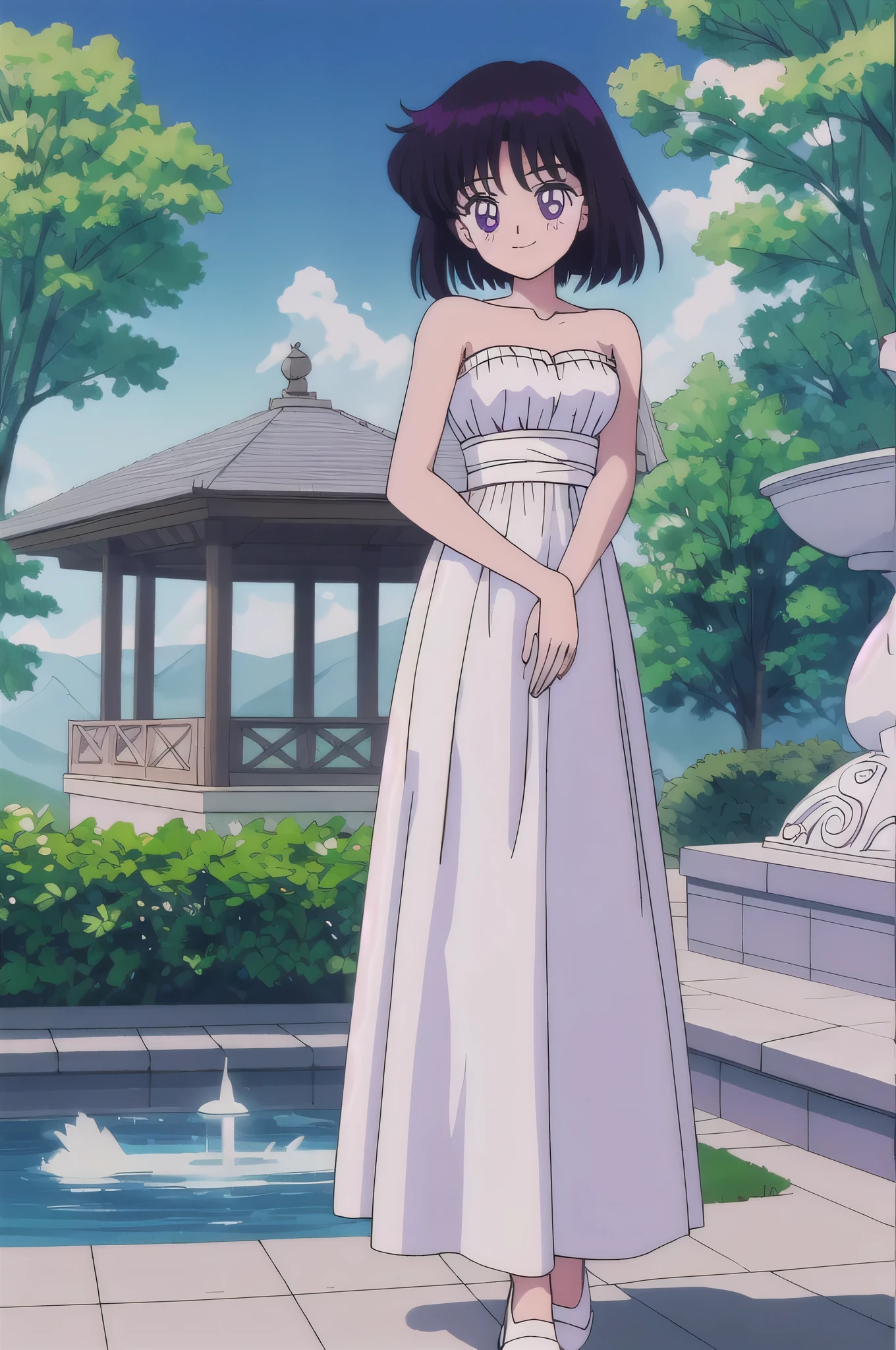 Hotaru Tomoe, 1 girl, solo, Best quality, masterpiece, High Definition, Teenager, Purple Eyes, Beautiful Detail Eyes, Black Bob Hair, Good hands at sides, Seductive Smile, Blushing, Bare Neck, Bare Shoulders, strapless white ruffle off the shoulder maxi dress. White slippers, Standing up. Cowboy shot. A landscape of blue skies, a mountain, a mansion, an garden maze, a water fountain
