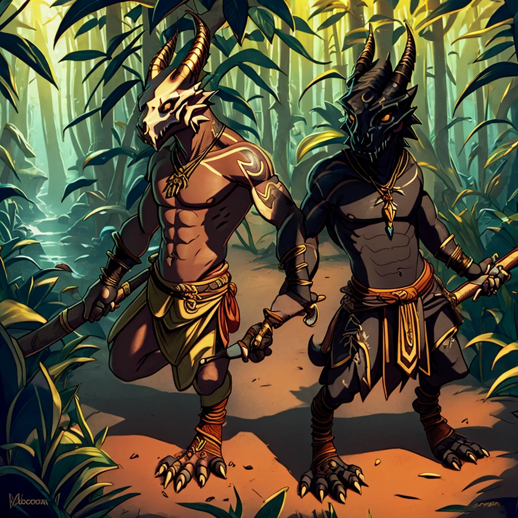 Kobold, scalie, solo, black skin, anthro, male, kobold male, men, flat chested, flat breasts, horns, tribal tattoos, womb tattoo, tail, kobold tail, Penetrating gaze, Magic staff with animal skull ornament, cuff gold, neck cuff very thick, in a jungle mangrove, slime loincloth, Warlock Kobold, Crotch bulge,