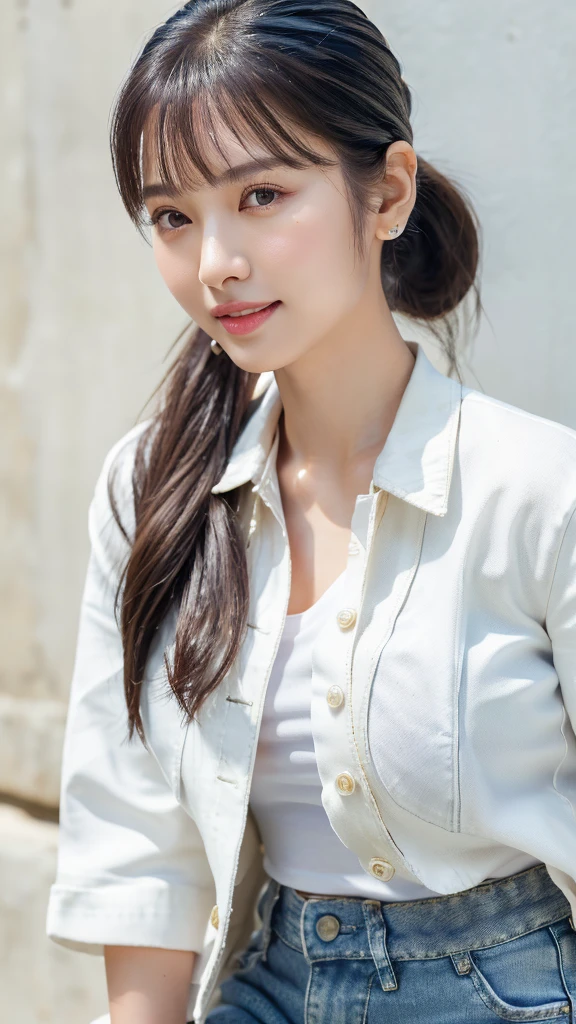 1 girl, national foundation, ((8k, raw, masterpiece: 1.5)), (Professional photography, sharp:1.2), Perfect dynamic composition, (Natural sun light), (soft shadow), (Perfect body:1.4), (((skinny figure))), ((huge round breasts: 1.3)), (((((medium ponytail hair,bangs))))), Ultra-detailed faces and skin, perfect asian, White skin, (Delicate skin:1.4), (latex skin:0.4), (perfect glowing skin:0.6), light brown eyes, beautiful eyes, round eyes, pretty face, blush, glossy lips, ((plump lips)), glossy eyes, Really moist skin, smile gently, looking at camera, Elegant pearl necklace, Elegant pearl earrings, minimalist, (((white t-shirt, navy denim jacket, navy blue jeans trouser))),