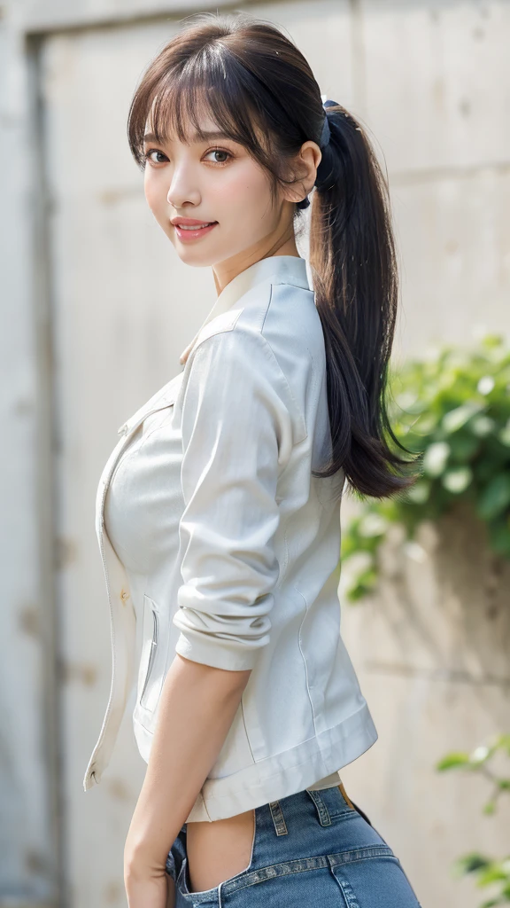 1 girl, national foundation, ((8k, raw, masterpiece: 1.5)), (Professional photography, sharp:1.2), Perfect dynamic composition, (Natural sun light), (soft shadow), (Perfect body:1.4), (((skinny figure))), ((huge round breasts: 1.3)), (((((medium ponytail hair,bangs))))), Ultra-detailed faces and skin, perfect asian, White skin, (Delicate skin:1.4), (latex skin:0.4), (perfect glowing skin:0.6), light brown eyes, beautiful eyes, round eyes, pretty face, blush, glossy lips, ((plump lips)), glossy eyes, Really moist skin, smile gently, looking at camera, Elegant pearl necklace, Elegant pearl earrings, minimalist, (((white t-shirt, navy denim jacket, navy blue jeans trouser))),