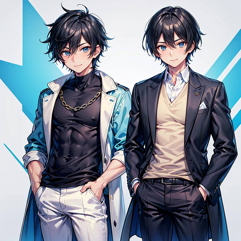 Anime Art Style,Highest quality,High resolution,Anatomically correct,One Man,Adult male,Black Hair,Spiky hair,Gentle smile,Blue long coat,White innerwear,Black trousers,one hand in one trouser pocket,Eyes drawn in detail,8K