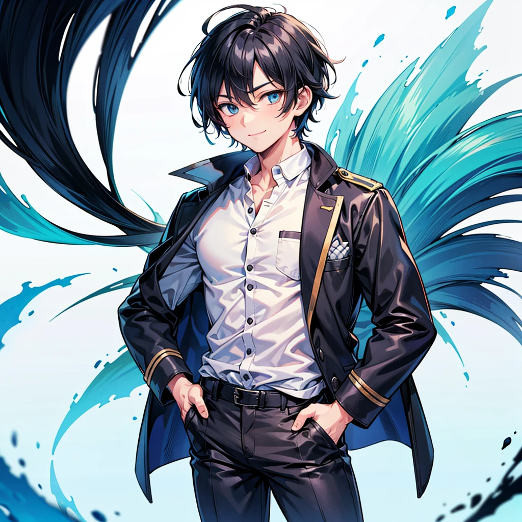 Anime Art Style,Highest quality,High resolution,Anatomically correct,One Man,Adult male,Black Hair,Spiky hair,Gentle smile,Blue long coat,White innerwear,Black trousers,one hand in one trouser pocket,Eyes drawn in detail,8K