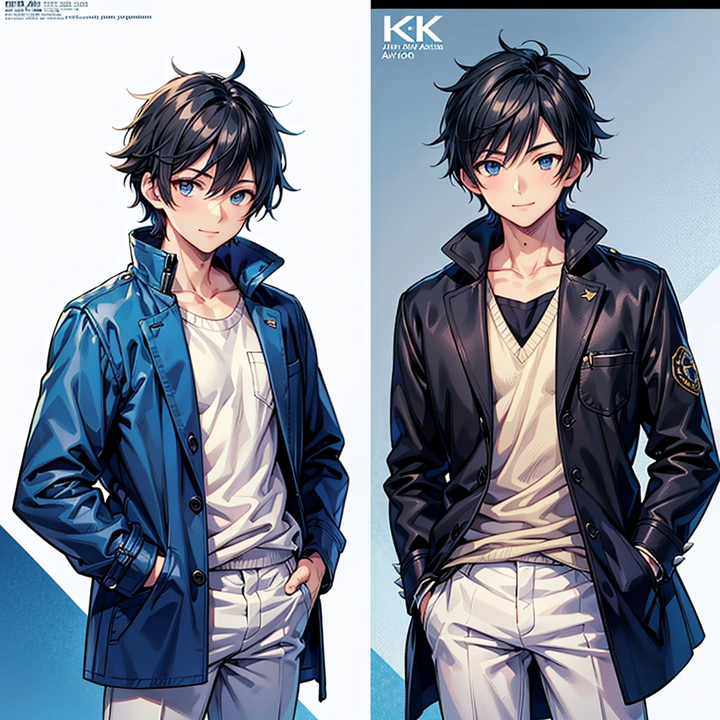Anime Art Style,Highest quality,High resolution,Anatomically correct,One Man,Adult male,Black Hair,Spiky hair,Gentle smile,Blue long coat,White innerwear,Black trousers,one hand in one trouser pocket,Eyes drawn in detail,8K