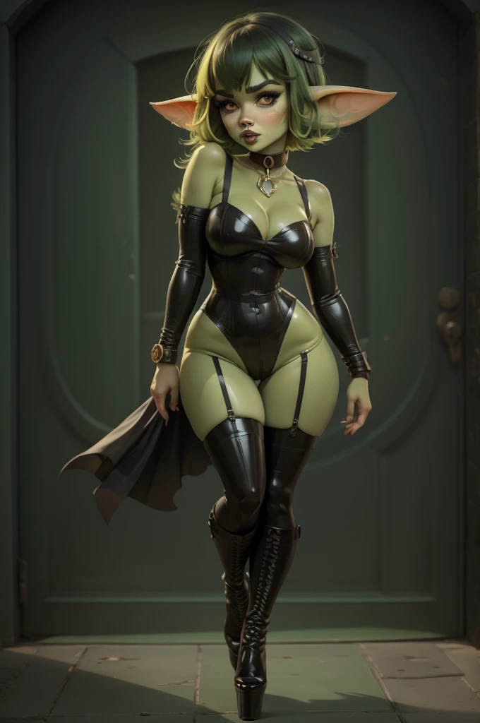 Goblin girl. green skin. very short hairstyle. choker. black pouty lips. big , hourglass figure, goth, eyeshadow, eyeliner, thigh high boots, high heels, 