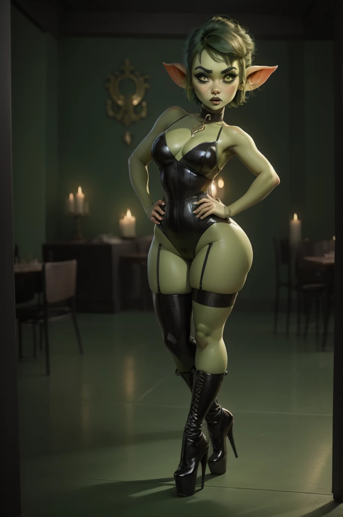 Goblin girl. green skin. very short hairstyle. choker. black pouty lips. big , hourglass figure, goth, eyeshadow, eyeliner, thigh high boots, high heels, 