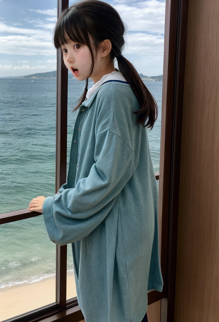 Cute 16-year-old Japanese girl, scared and surprised, sea in the background.