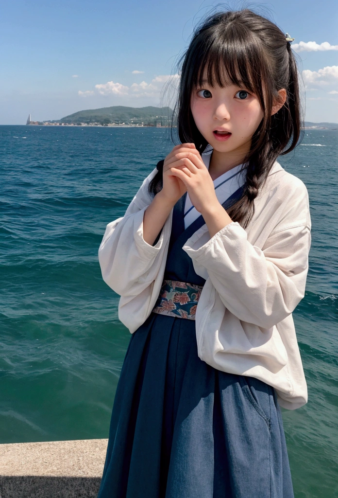 Cute -yeld Jaese girl, scared and surprised, sea in the background.