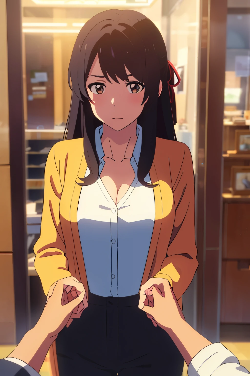 shinkai makoto, kimi no na wa., 1man, buzzut, mustache, wrinkle face,  bangs swipe to te Right, office suit, man touching girl chest,chestgrope from behind, kiss cheeks, passionate hug, man is hugging from behind, 1girl, bangs, black hair, brown eyes, Twisted Half Up, red ribbon, long hair, long sleeve light yellow cardigan, open shirt, yellow shirt, cleavage, breast, medium breast, Orange shirt, name tag written "LUMINE Miyamizu", looking at the viewer, indoors, jewelry products, jewelry shop, jewelry saleswoman, indoors, mall, masterpiece, perfect anatomy, cowboyshot, POV (POV boy's hands unbuttoning girl's shirt POV)