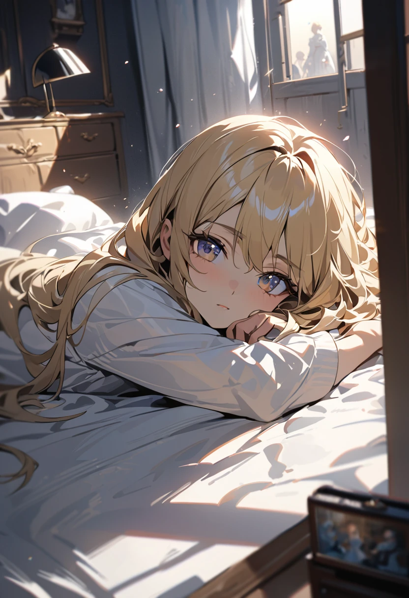 European-style room, there is sunshine in, the bed lies the girl, looks sixteen or seventeen years old, long blonde hair, wearing a white saree, Arrogant and aloof，petite body curled up on the edge of the bed, just woke up, beautiful picture, masterpiece, cinematic light, master class, impasto