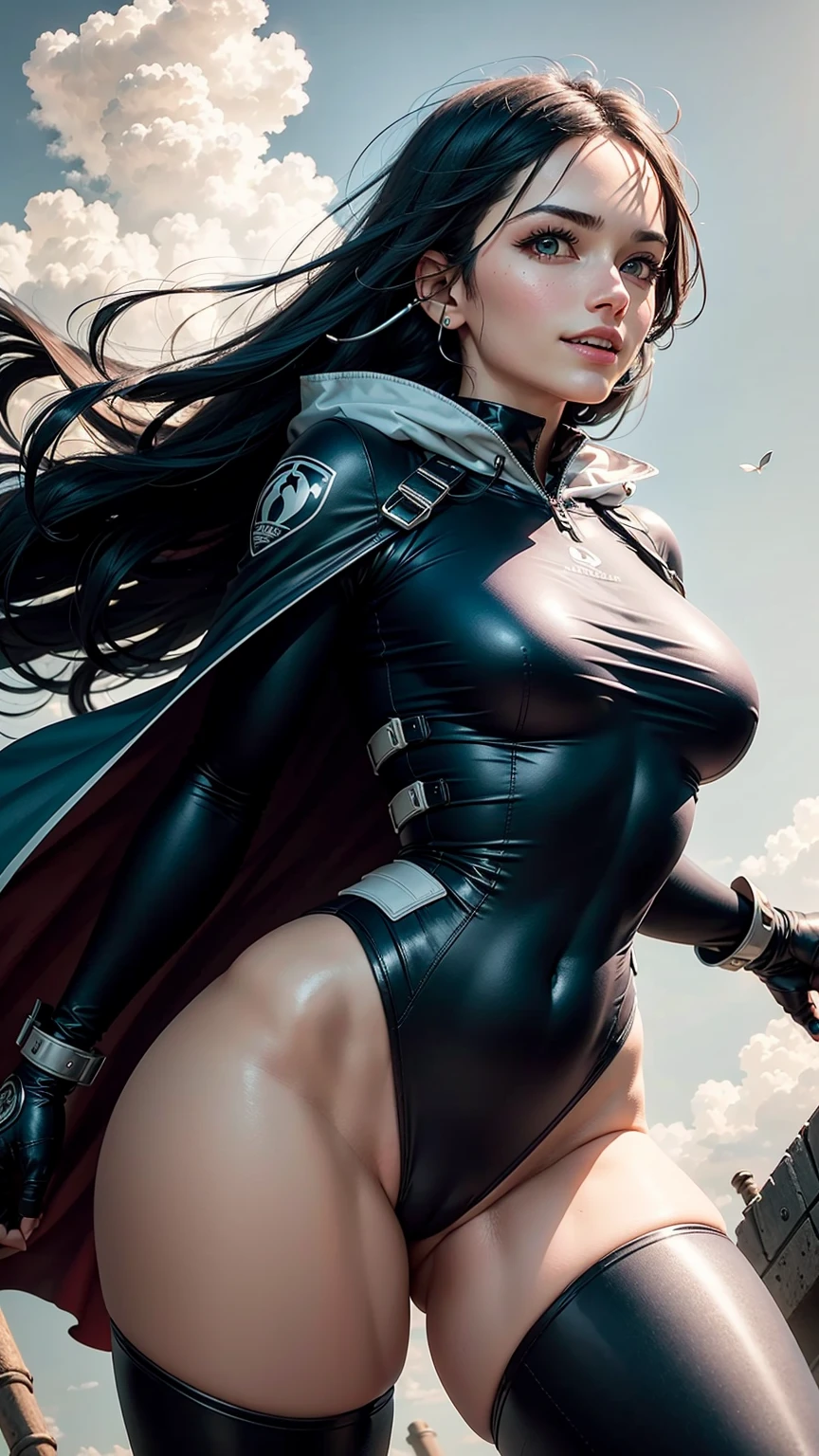 (masterpiece, Highest quality, Highest Resolution, clear_image, Very elaborate CG, Cinema Lighting, Ray Tracing, Drop Shadow, Further details, (Photorealism: 1.4), High quality textures, Detailed, Realistic facial expressions): (One Girl, (Long, deep blue hair fluttering in the wind: 1.2), Small breasts, Sparkling red eyes, Eye-level shot, Metallic blue flight suit, Tight fitting clothes, Clothing that covers the whole body, thick thigh, A light smile, beauty, The body is slim, Exoskeleton, heroine, headset, Knee-high boots, gloves, A cloak fluttering in the wind, Beautiful view with sky as background), Kicking a woman in a swimsuit all over her body, Kick the  high in the chest behind his body, sidekick.