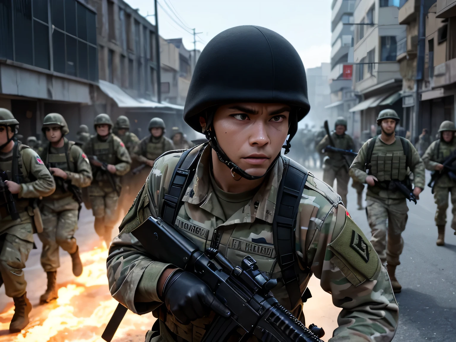 Close-up of a ((handsome boy warior)) , half human, half wolf, their faces partially obscured by military helmets. Their eyes are filled with sadness and longing. The background is a trail of blood and violence. He wears a mechanized robot armor, carved with animal elements, human skulls. The sky is filled with swirling, fiery clouds. The photo conveys a strong sense of the warrior's appearance, ((smiling)).