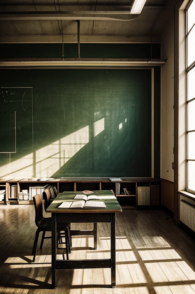 That of an old photograph of an empty school classroom, with old books and a lonely desk illuminated by the soft light of a window. I need it to have a large space to add text