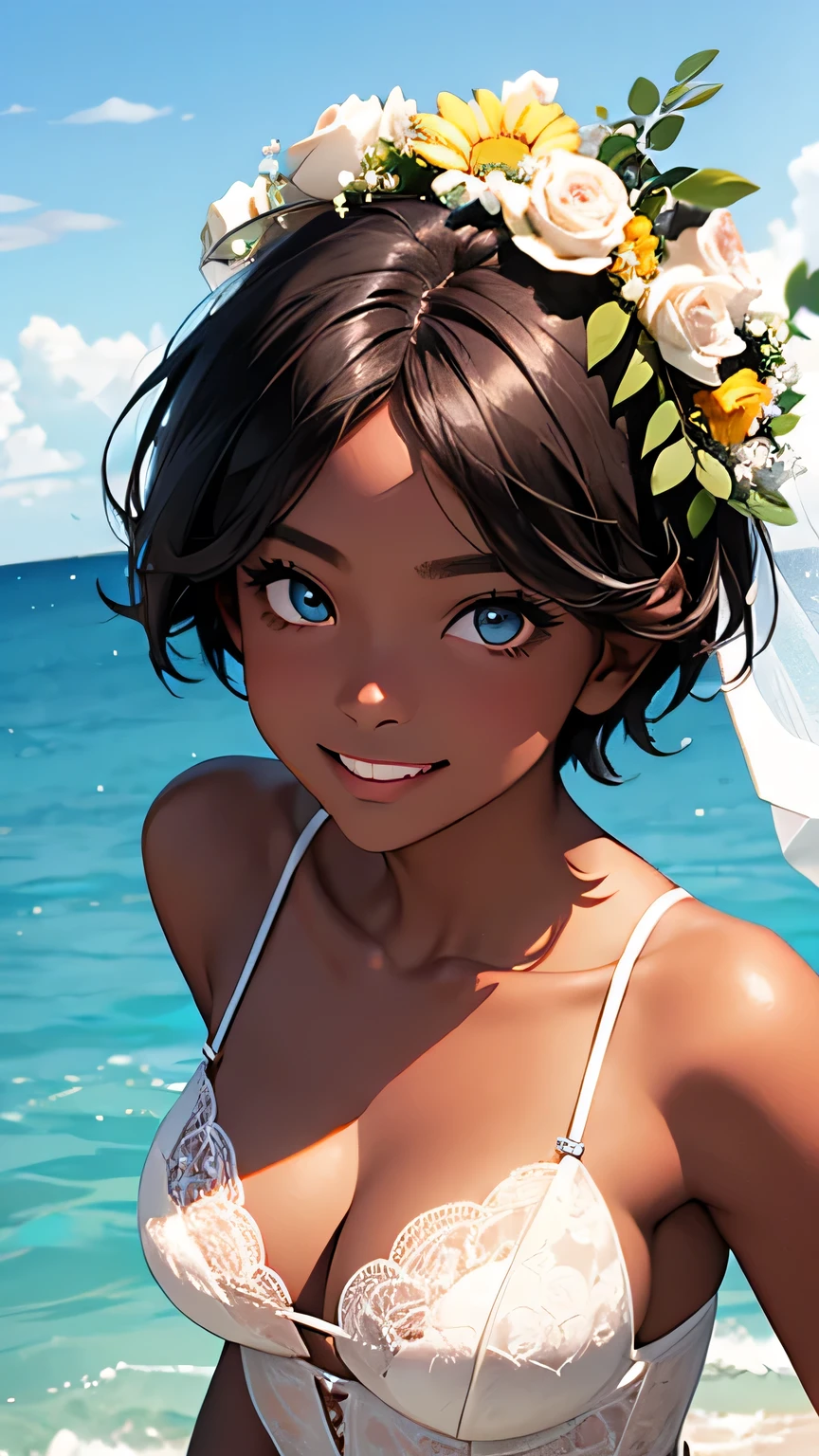 highest quality、Realistic、girl、zoom、Turquoise eyes、short hair、Wedding dress、Bridal Lingerie、Tanned black body、Brown black skin、Dark Skin、Big 、A big smile、Summer Sea、Bust Shot