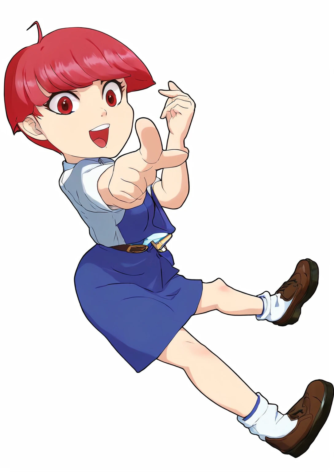 cartoon girl in blue dress with red hair and brown shoes, kinmoza!, yayoi kasuma, inspired by Junpei Satoh, ness from earthbound, fujita goro!, safebooru anime image, marin kitagawa fanart, female protagonist ๐ :8, inspired by Un'ichi Hiratsuka, rei hiroe, anime girl named lucy