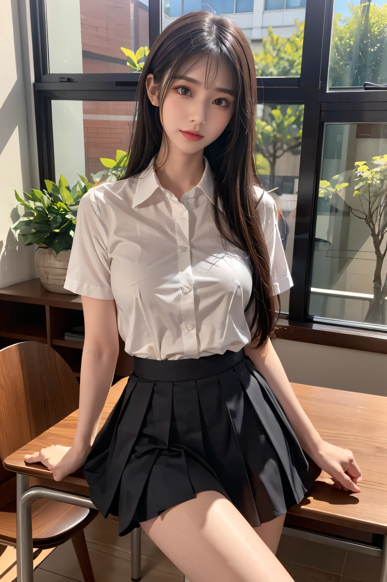 (ultra HD), (School uniform with short sleeves, White collared shirt, Black Skirt), Full body description, Big Breasts, Cleavage, slender, Clean and shiny skin, Whitening, Super slender face, (long hair, Layered Cut, Fluffy hair,light brown), (Big eyes, Slanted Eyes), Small Nose, Thin lips, Thin legs, classroom