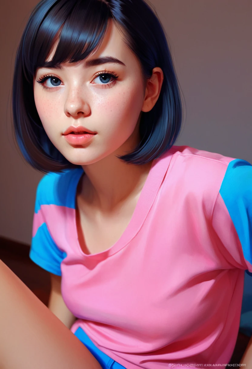 a closeup of a woman wearing a pink shirt and blue shorts, realistic painting cute girl, pink girl, beautiful digital painting, digital art Ilia Kuvshinov, Ilia Kuvshinov. 4k, beautiful digital painting, Bright digital painting, beautiful character painting, adorable digital painting, Digital Cartoon Painting Art, realistic digital painting, Portrait of the CGS society, cartoon digital painting