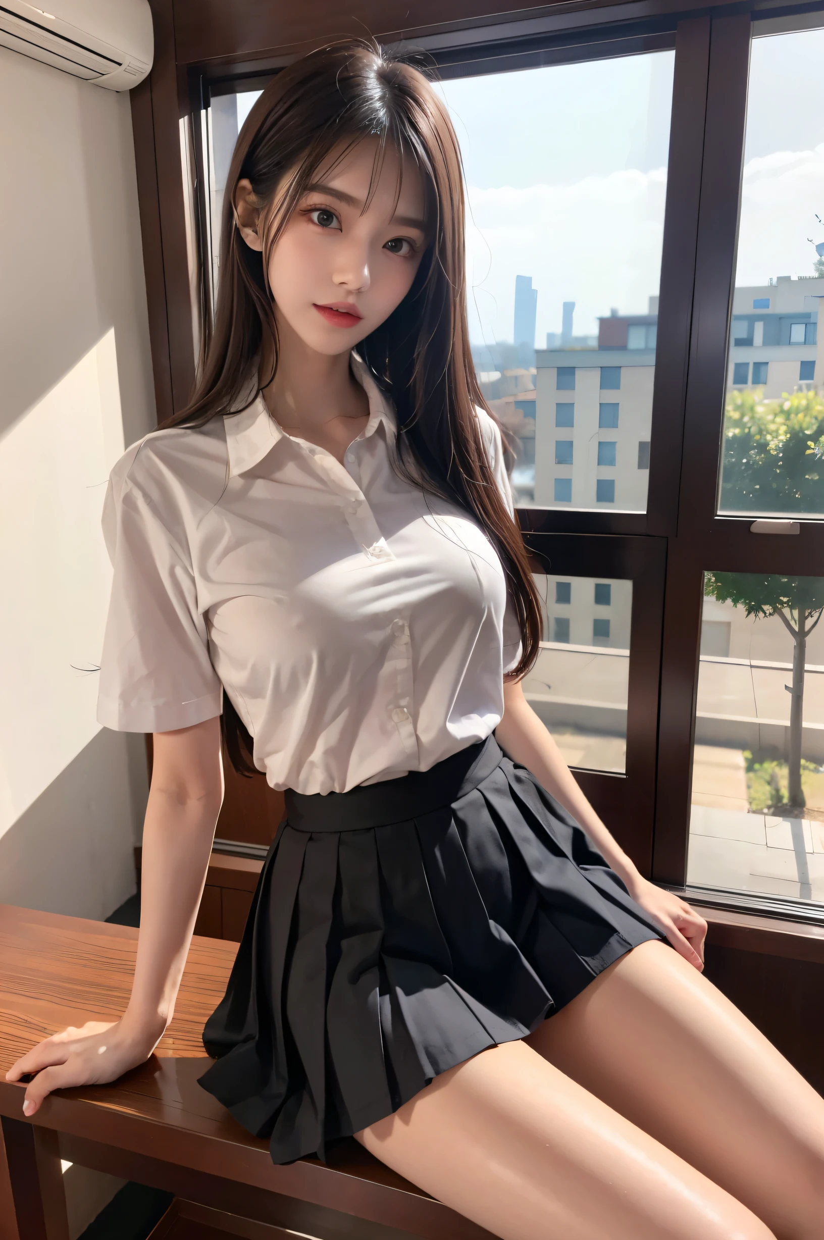 (ultra HD), (School uniform with short sleeves, White collared shirt, Black Skirt), Full body description, Big Breasts, Cleavage, slender, Clean and shiny skin, Whitening, Super slender face, (long hair, Layered Cut, Fluffy hair,light brown), (Big eyes, Slanted Eyes), Small Nose, Thin lips, Thin legs, classroom